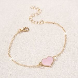 Dainty Pink Heart Charm Gold-tone Bracelet